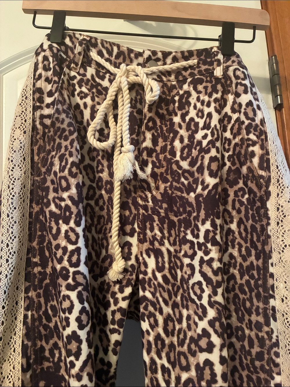 Maeve Leopard Wide-Leg Pants with Cream Crochet Side Stripes - Picture 2 of 7